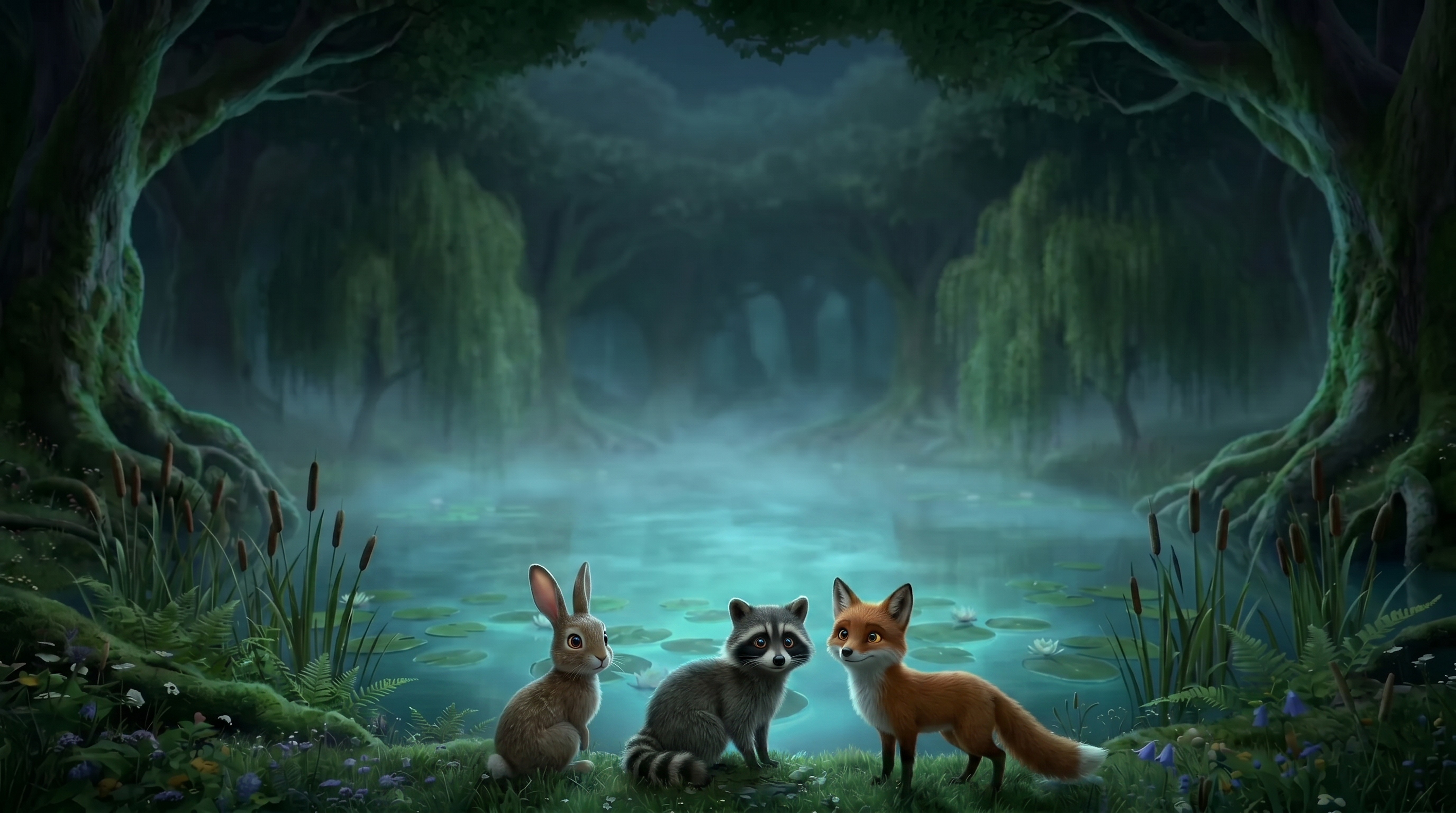 The misty pond at night