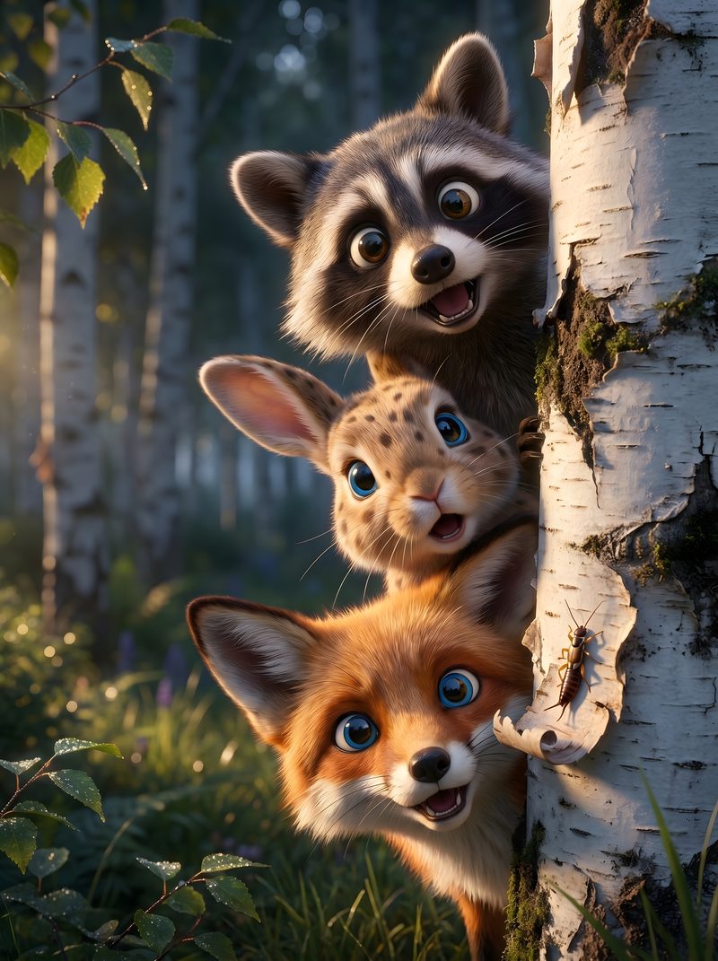 Bram, Pippa and Fern peeking out from behind a birch