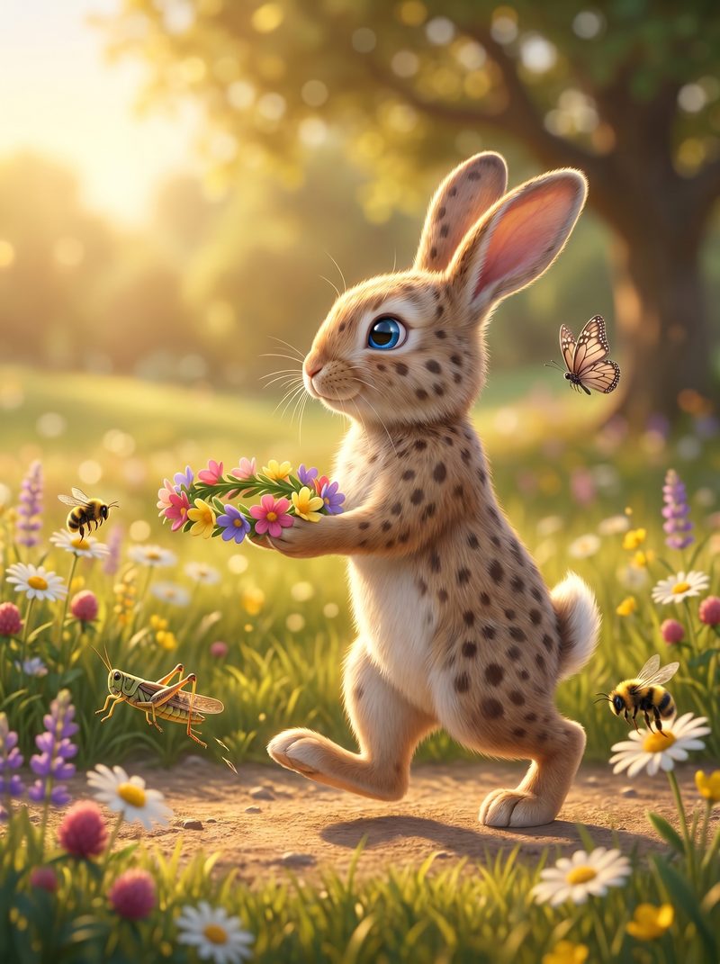 Pippa carrying a flower crown through the meadow