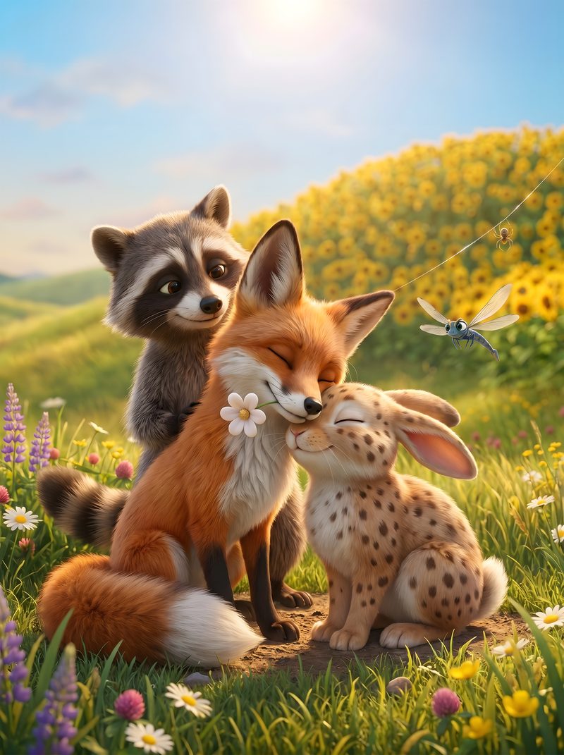 The friends together in the sunflower meadow